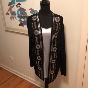 Vintage Chico's Open Front Knit Long Sleeve Jacket Black w/Silver Metallic Beads